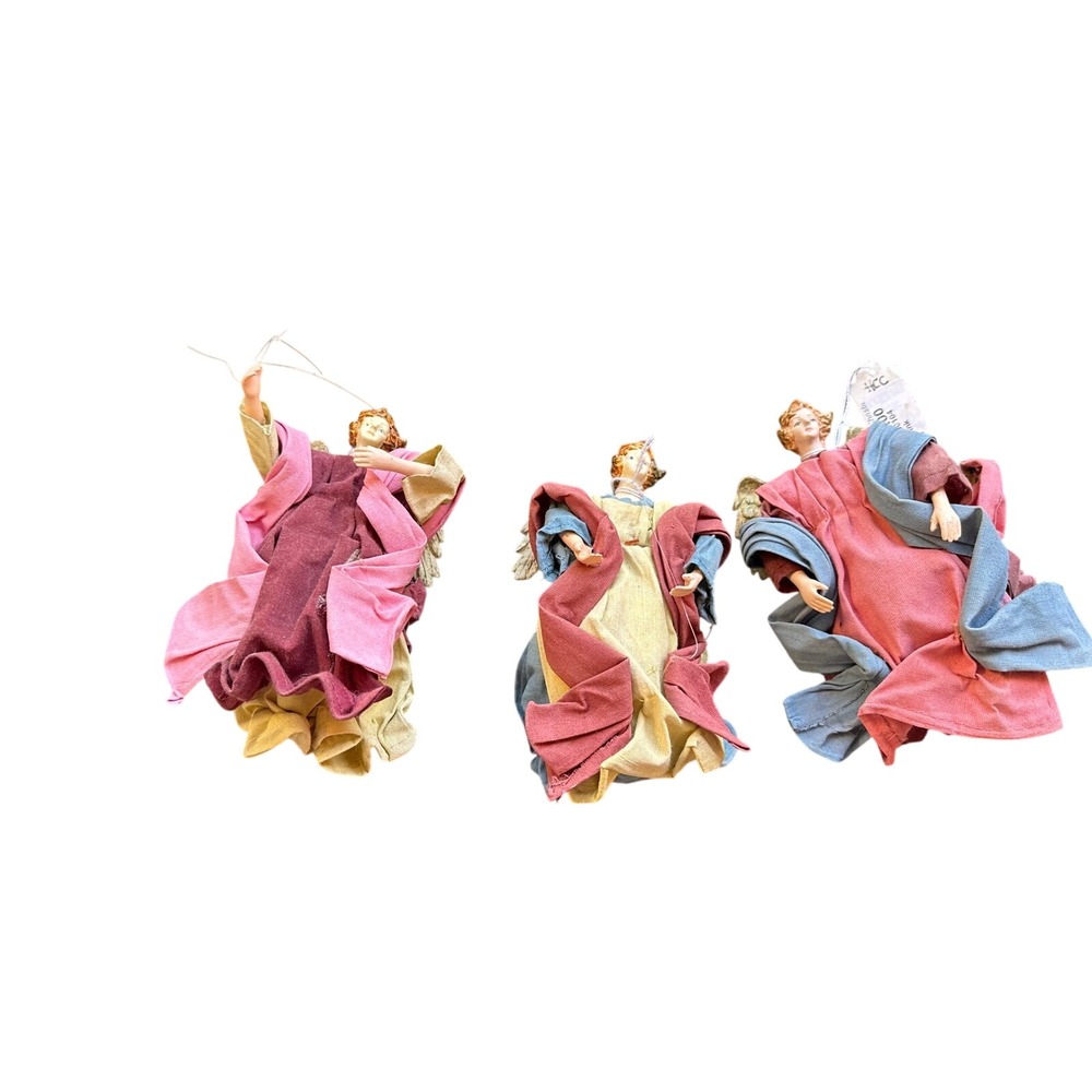 Fabric Mache Vtg Hanging Angel Ornaments 3 Gold Wings Christmas Decor